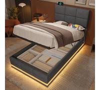 Goldicoo Cama tapizada individual 90 x 200 cm con cabecero regulable en altura - Incluye conexiones USB/Type-C, iluminación ambiental LED, sistema de elevación hidráulico y espacio de almacenamiento