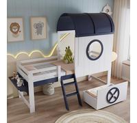 Goldicoo Cuna Cama de media altura con techo y ventana, blanco+azul oscuro, 90x200cm, pino+MDF+madera contrachapada, con cajón y escalera