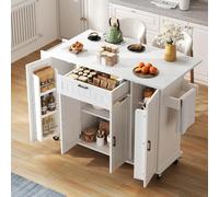 Goldicoo Isla de cocina con encimera plegable, carrito de cocina con ruedas, 4 puertas, 1 cajón, estante para especias, toallero, blanco, MDF, 120 x 45 x 95 cm