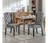 Goldicoo Juego de 2 sillas de comedor de terciopelo, color gris, patas de madera de roble con detalles de botones y ribete de clavo, 61 x 45 x 100 cm, sillas modernas para salón y cocina