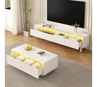 Goldicoo Juego de muebles LED con soporte de TV y mesa de café, color blanco con diseño dorado, MDF, 4 puertas, 2 cajones, iluminación LED de 7 colores, estructura ondulada, frontal acrílico moderno