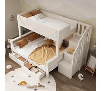 Goldicoo Litera con armario de escalera y cajones, diseño en forma de trineo, color blanco, madera y metal, 90 x 200 cm, parte superior, 140 x 200 cm, parte inferior, con protección anticaída y somier