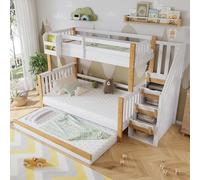 Goldicoo Litera con cama abatible, protección contra caídas y rejilla, escalera esquinera con espacio de almacenamiento, pino y MDF, blanco y natural, 90 x 200 y 120 x 200 cm