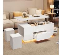 Goldicoo Mesa de centro regulable con LED, 100 x 50 x 45 cm, color blanco brillante, con 2 cajones y 2 taburetes, tablero de partículas, capacidad de carga 50 kg