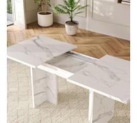 Goldicoo Mesa de comedor extensible 140/180 x 80 cm, mármol blanco, MDF, forma rectangular, para 6-8 personas, tablero de 30 mm, patas en forma de T