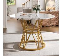 Goldicoo Mesa de comedor redonda, 100 x 100 x 76 cm, tablero de mármol MDF, patas de metal dorado, para 4 personas, comedor y sala de estar
