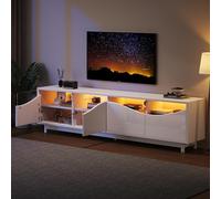 Goldicoo Mueble de TV blanco brillante con diseño curvo de cristal templado, iluminación LED, 175 x 38 x 51 cm, para salón o dormitorio