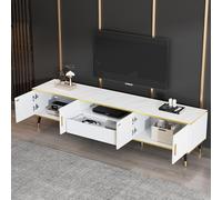 Goldicoo Mueble de TV moderno blanco efecto mármol 200 x 40 x 46 cm, tablero de partículas, para televisores de hasta 90 pulgadas, 2 puertas y 1 cajón