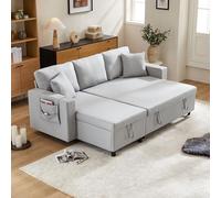 Goldicoo Sofá cama en forma de L con función de dormir y espacio de almacenamiento, color gris, lino, 219,5 x 142,5 x 83 cm, 3-4 personas, chaise longue intercambiable, 2 almohadas
