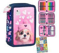 Goldkids - Estuche con 3 compartimentos - Estuche para niñas y niños - Estuche de 3 compartimentos - Estuche escolar y cuaderno de tareas, perro, extra-large, Clásico