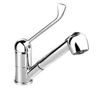 GOLDMAN SERVICE Grifo de Cocina extraíble spray ducha - Monomando Gerontológico palanca larga codo - Uso doméstico medical sanitario hospitales laboratorios hostelería industria