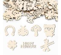 GoldRock Juego de confeti de madera Happy New Year para Año Nuevo, 100 unidades, con cerdo de la suerte, trébol, deshollinador, herradura, mariquita, diseño de setas, 2,5-6,5 cm