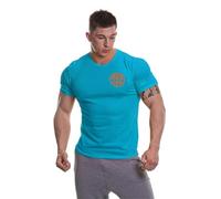Gold's Gym Camiseta básica de Entrenamiento de Pecho Izquierdo para Hombre, con Logotipo, Color Turquesa/Naranja, Talla 2XL