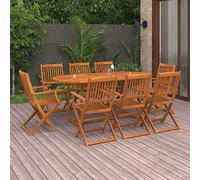 Goliraya Juego de comedor de jardín de 9 piezas, mesa de jardín de madera con 8 sillas de jardín, sillón de patio con respaldo, mesa de comedor y silla plegable, juego de muebles de jardín de madera maciza de acacia