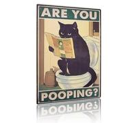GOLRISEN Cartel de Baño Divertido, Cartel Decorativo de Aseo Vintage con Motivo de Gato Negro y Palabras en Inglés ARE YOU POOPING Letrero de WC Divertido para Casa Hotel Bar Restaurante Cafetería