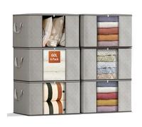 GoMaihe 6 Piezas 60L Cajas Almacenaje Ropa, Bolsa almacenamiento ropa, Organizador Armario Plegable, Cajas Mudanza, Bolsas con Asa Reforzada para Guardar Ropa, Mantas, Edredones, Gris