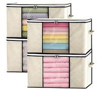 GoMaihe Cajas Almacenaje Ropa 4 PCS Bolsas para Guardar Ropa Cajas Almacenaje 60x40x35 cm Plegables Ventana Transparente con Cremallera, Para Organizador Armario Edredón de Almohadas Manta, Beige