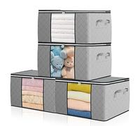 GoMaihe Cajas Almacenaje Ropa 4 Piezas, Contenedor para Debajo de la Cama no Tejido de Gran Capacidad, 60x43x35cm Bolsa de Deporte con Cadena con Lengüeta, Edredón, Manta, Gris