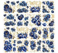 GOMAKERER 12 hojas de peonías azules calcomanías para frotar 12 estilos grandes pegatinas de transferencia flor con mariposa película de transferencia de calor transferencia de muebles pegatinas para