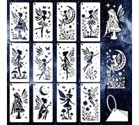 GOMAKERER 12 hojas de plantillas de hadas para pintar, diseño de hada de luna, flores silvestres, mariposas, plantillas de arte de plástico para pintar en pared, madera, decoración del hogar