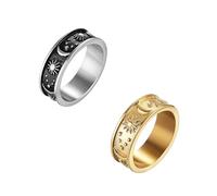 GOMAKERER 2 anillos de 2 colores con diseño de luna, estrella y sol, acero inoxidable de 17,5 mm, joyería bohemia, delicados, gruesos, apilables, para mujeres y hombres