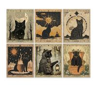GOMAKERER 6 pósteres artísticos de tarot de gato negro, impresiones vintage, retro, sol, luna, estrella, bosque, decoración mística, arte de pared temático