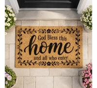 GOMAKERER Felpudo con texto en inglés "God Bless This Home" (17 x 30 pulgadas) Home - Tapete de bienvenida rectangular de fibra de polipropileno con diseño de hojas de flores negras, tapete de