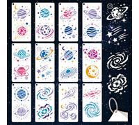 GOMAKERER Planetas espaciales de 12 hojas, plantillas de galaxia para pintar, plantillas reutilizables para motivos celestes, como luna, estrellas, cometas y niebla, para pintar sobre pared, madera y