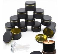 GOMETY 12 tarros de metal para velas de 120 ml con 60 mechas para velas, tarros redondos de metal para manualidades, cosméticos, joyas, accesorios de fabricación de velas (negro)