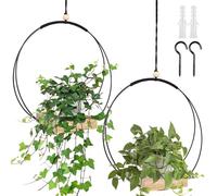 GOMETY 2 cestas colgantes de macramé con base de madera, altura de 93 cm, maceta colgante con base de madera, anillo de metal y lazo para colgar para interiores, macetas colgantes para paredes y
