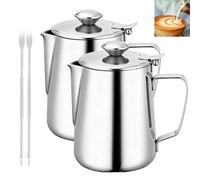 GOMETY 2 jarras de leche de acero inoxidable de 350 ml con tapa, jarra de leche, jarra de café, espumador de leche, jarra de espuma de leche, accesorios con aguja para café con café y café tipo latte