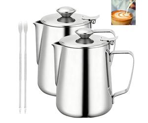 GOMETY 2 jarras de leche de acero inoxidable de 350 ml con tapa, jarra de leche, jarra de café, espumador de leche, jarra de espuma de leche, accesorios con aguja para café con café y café tipo latte