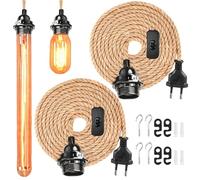 GOMETY 2 lámparas colgantes con interruptor y enchufe, portalámparas E27, 4,5 m, cuerda de cáñamo, vintage, cable de lámpara, lámpara colgante de bricolaje, lámpara colgante para almacén