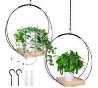 GOMETY 2 macetas colgantes de macramé con base de madera, altura de 93 cm, maceta colgante para interiores con base de madera, anillo de metal y lazo para colgar, macetas colgantes para paredes y