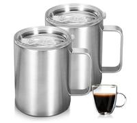 GOMETY 2 tazas de café de acero inoxidable, 350 ml, vasos de acero inoxidable con asa, vasos aislantes de doble pared, vasos de acero inoxidable de larga duración, para viajes, camping (plata)