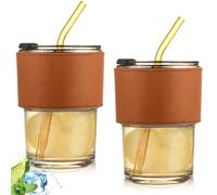 GOMETY 2 vasos de cristal de 400 ml con tapa, vasos de té de cristal con pajita, herméticos e impermeables, vasos para batidos de capuchino, café con leche, té, helado, leche, zumo (mber)