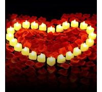GOMETY 24 velas de té LED en forma de corazón, 1000 pétalos de rosa falsos y 24 velas LED sin llama en forma de corazón para bodas, San Valentín, decoración (blanco cálido)