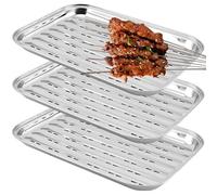 GOMETY 3 bandejas para barbacoa de acero inoxidable, 34,5 x 24,2 x 2,7 cm, reutilizables, para verduras, pescado o carne, para barbacoas de gas, eléctricas y de carbón (plata)