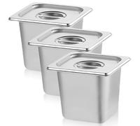 GOMETY 3 recipientes de acero inoxidable 1/6 con tapa, 17,6 x 16,2 x 10 cm de profundidad, sartenes para hotel, 100 mm de altura, recipientes apilables, recipientes para alimentos y alimentos