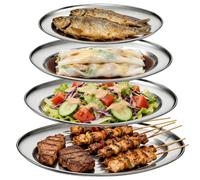 GOMETY 4 bandejas de servir ovaladas de acero inoxidable pulidas de alto brillo, bandeja para servir aperitivos, guarniciones, carne a la parrilla, verduras y pescado, tamaños 26 cm, 30 cm, 35 cm, 40