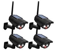 GOMETY 4 piezas de cámara falsa para exterior, cámara solar falsa, cámara de vigilancia falsa con luz LED roja intermitente, cámara de vigilancia falsa para exteriores para garajes, patios traseros
