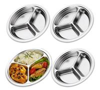 GOMETY: 4 Piezas Platos Redondos De Acero Inoxidable Con Tres Compartimentos, Plato Dividido Para Niños Para Una Alimentación Equilibrada, Apto Para Lavavajillas, Ideales Para Camping Y Picnics (24cm)
