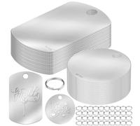 GOMETY 40 colgantes de acero inoxidable en blanco, rectangulares con anillo partido, llaveros, colgantes, redondos, troquelados, espacios en blanco, etiquetas para perros, kit de manualidades para