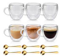 GOMETY 6 vasos de doble pared para latte macchiato, 250 ml, vasos de café con asa y cuchara, resistentes al calor y al frío, tazas de café expreso para capuchino, té, café, leche, zumo de cerveza