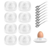 GOMETY 8 hueveras de porcelana, juego de hueveras de cerámica, juego de 8 soportes para huevos de desayuno con 8 cucharas de acero inoxidable, soporte para huevos de porcelana con bandeja cuadrada