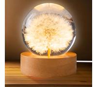 GOMETY Bola de cristal con luz nocturna, 6 cm, diseño de diente de león, bola de cristal, luz nocturna con base de madera USB, lámpara de dandelión para el hogar, decoración de mesa, regalos