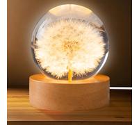 GOMETY Bola de Cristal Con Luz Nocturna - 6 cm, Flor de León, Base de Madera USB, Lámpara de Dandelión Para Regalos y Decoración de Mesa