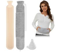 GOMETY Bolsa de agua caliente extra larga de 2 L con funda mullida, tamaño XXL, de goma, para atar el cuello, para hombros, espalda, vientre, gran regalo para mujeres, hombres y niños (gris)