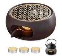 GOMETY Calientaplatos para tetera, calentador de té de cerámica con portavelas, calentador de café con portavelas, portavelas y 3 velas pequeñas, calentador para café, té, leche (bronce)