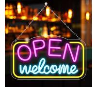 GOMETY Cartel de neón LED de bienvenida abierta, 42 x 23 cm, letrero de neón abierto de colores para negocios, luminosos, regulables, señales de neón con funcionamiento USB, para negocios, bares